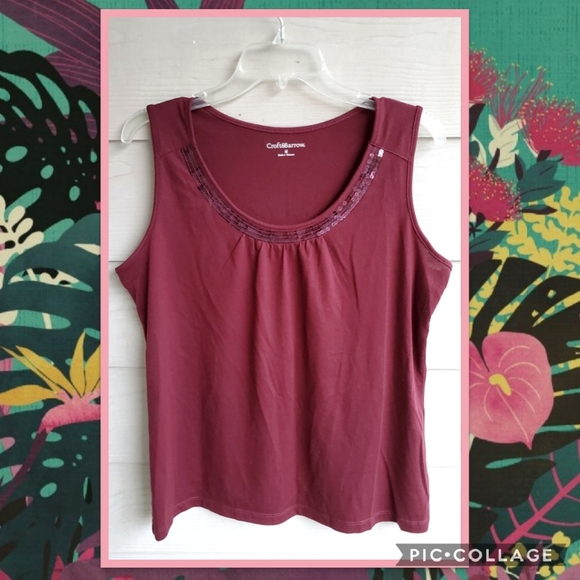 croft & barrow Red Burgundy Wine Pleated Sequined Neckline Festive Tank Top - Picture 2 of 13
